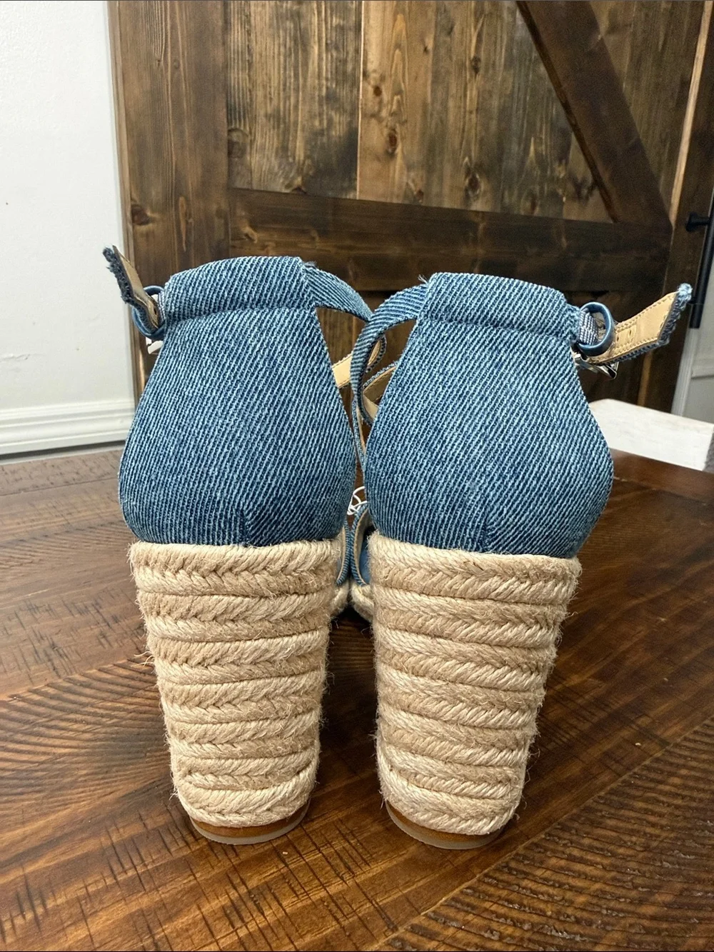 Michael Kors Mandy Denim Blue Espadrille Wedge Sandals with Ankle Wrap